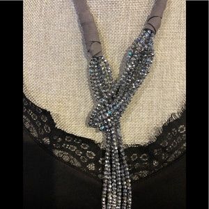 Hematite Silver Cut Crystal Lariat Statement Necklace-Boutique